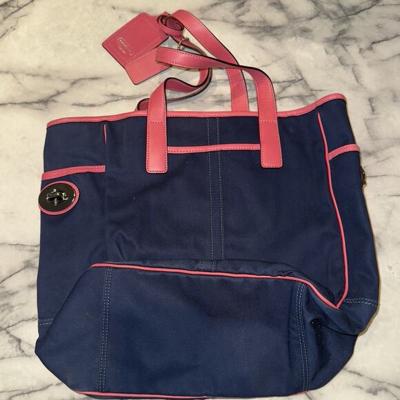 Y2K Vintage Coach Bonnie Cashin Tote Bag Handbag Canvas Blue Pink Leather CLEANN - Picture 2 of 12